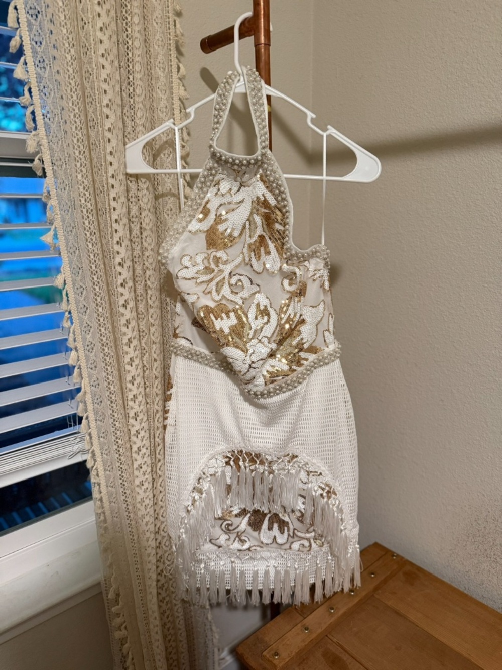 12th Tribe White and Gold Embellished Halter Mini Dress